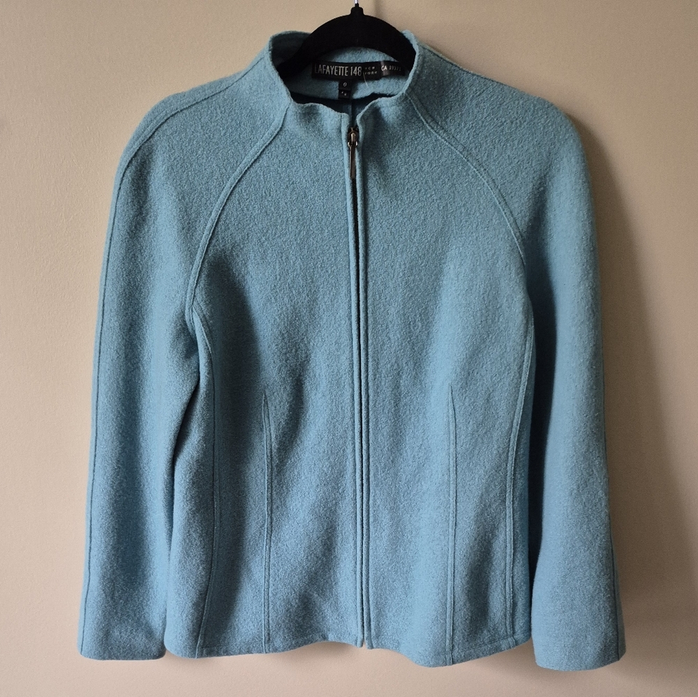 Lafayette 148 New York Wool Muted Teal Blazer Zip Up Size 6